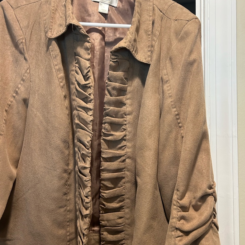 CJ Banks Women's Tan Faux  Suede Jacket with Ruffle Detail
